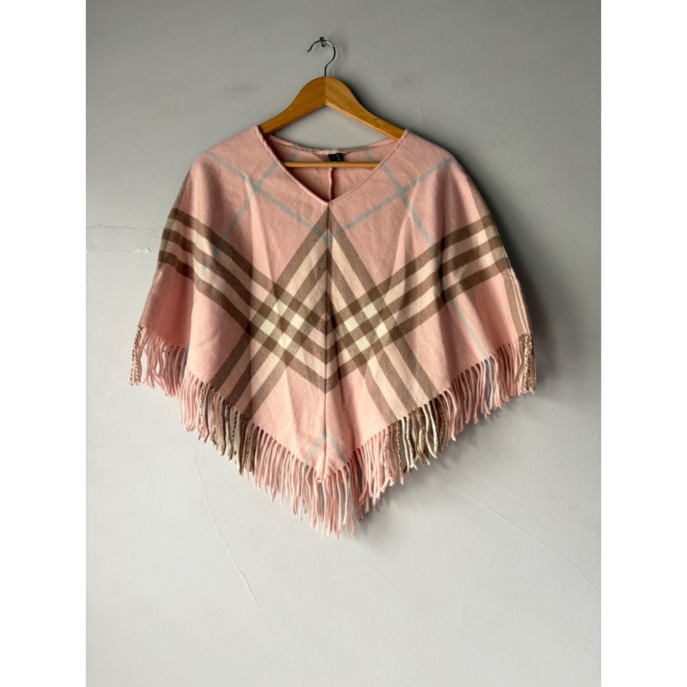 Burberry London Pink Check Merino Cashmere Fringe Poncho OS - Picture 2 of 5